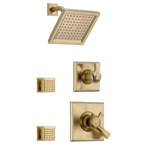 Delta Monitor 17 Series Dual Function Pressure Balanced Shower System with Integrated Volume Control, Shower Head, and 2 Body Sprays - Includes Rough-In Valves - Champagne Bronze
