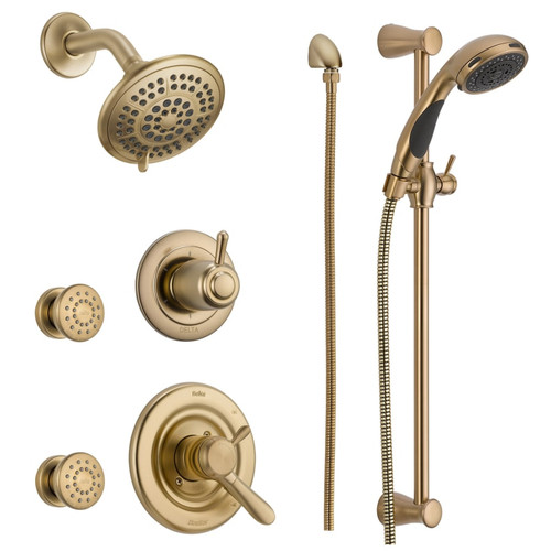 Delta Monitor 17 Series Dual Function Pressure Balanced Shower System with Integrated Volume Control, Shower Head, 2 Body Sprays and Hand Shower - Includes Rough-In Valves - Champagne Bronze