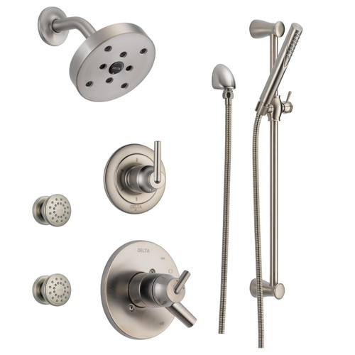 Delta Monitor 17 Series Dual Function Pressure Balanced Shower System with Integrated Volume Control, Shower Head, 2 Body Sprays and Hand Shower - Includes Rough-In Valves - Brilliance Stainless