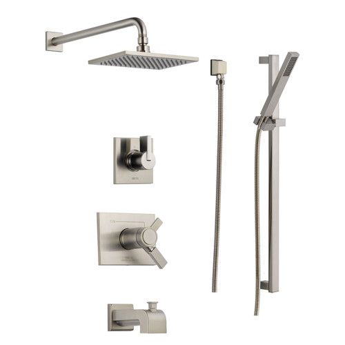 Delta TempAssure 17T Series Thermostatic Tub and Shower System with Volume Control, Shower Head, Hand Shower, and Slide Bar - Includes Rough-In Valves - Brilliance Stainless