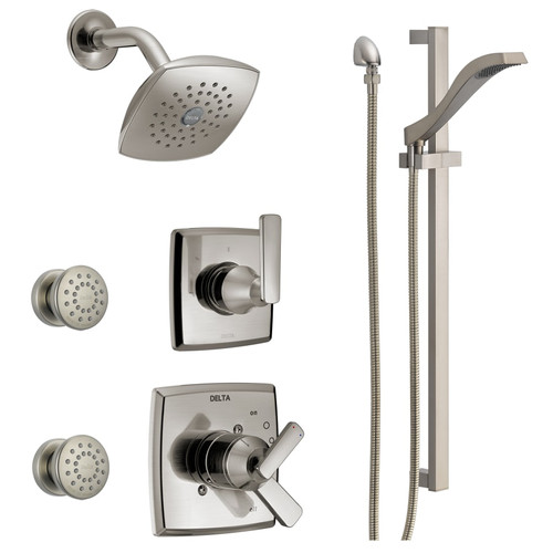 Delta Monitor 17 Series Dual Function Pressure Balanced Shower System with Integrated Volume Control, Shower Head, 2 Body Sprays, Hand Shower and Valves - Brilliance Stainless