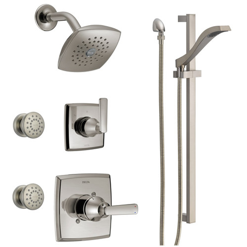 Delta Monitor 14 Series Single Function Pressure Balanced Shower System with Shower Head, 2 Body Sprays and Hand Shower - Includes Rough-In Valves - Brilliance Stainless