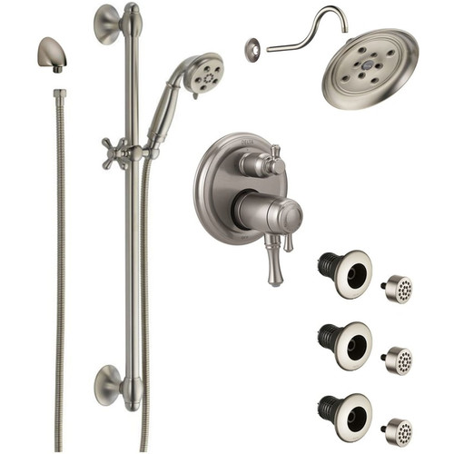 Delta Cassidy Thermostatic Shower System with Shower Head, Shower Arm, Hand Shower, Slide Bar, Bodysprays, Hose, Valve Trim and MultiChoice Rough-In  - Brilliance Stainless