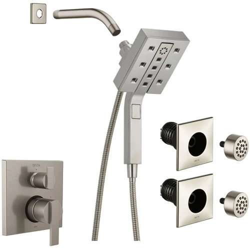 Delta Ara Pressure Balanced Shower System with Shower Head, Shower Arm, Hand Shower, Bodysprays, Hose, Valve Trim and MultiChoice Rough-In-Brilliance Stainless
