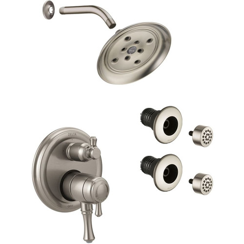 Delta Cassidy Pressure Balanced Shower System with Shower Head, Shower Arm, Bodysprays, Valve Trim and MultiChoice Rough-In-Brilliance Stainless