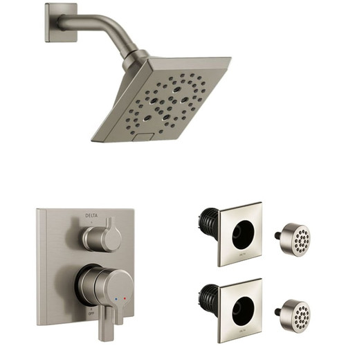Delta Pivotal Pressure Balanced Shower System with Shower Head, Shower Arm, Bodysprays, Valve Trim and MultiChoice Rough-In - Brilliance Stainless