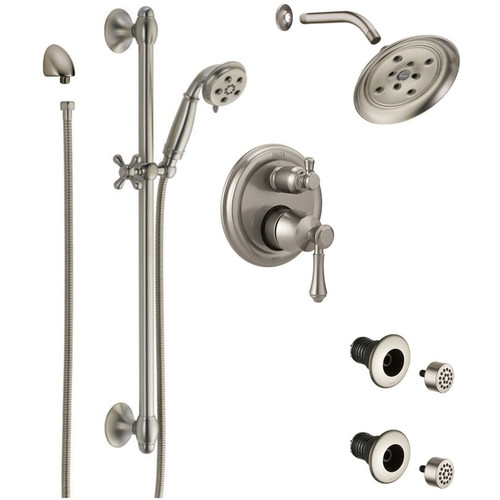 Delta Cassidy Pressure Balanced Shower System with Shower Head, Shower Arm, Hand Shower, Slide Bar, Bodysprays, Hose, Valve Trim and MultiChoice Rough-In - Brilliance Stainless