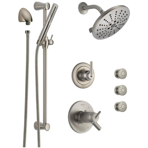 Delta TempAssure 17T Series Thermostatic Shower System with Integrated Volume Control, Shower Head, 3 Body Sprays and Hand Shower - Includes Rough-In Valves - Brilliance Stainless