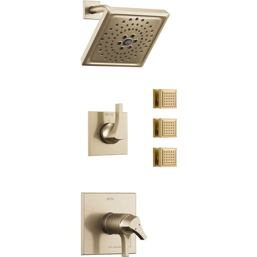 Delta TempAssure 17T Series Thermostatic Shower System with Integrated Volume Control, Shower Head, and 3 Bodysprays - Includes Rough-In Valves - Champagne Bronze