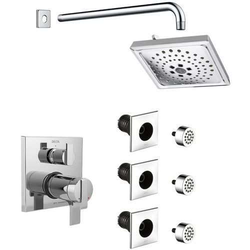 Delta Ara Thermostatic Shower System with Shower Head, Shower Arm, Bodysprays, Valve Trim and MultiChoice Rough-In - Chrome