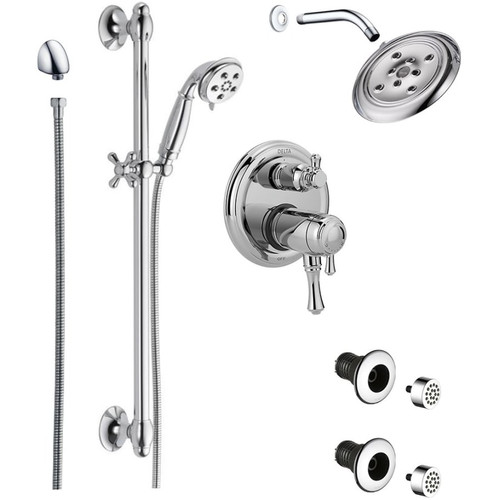 Delta Cassidy Pressure Balanced Shower System with Shower Head, Shower Arm, Hand Shower, Slide Bar, Bodysprays, Hose, Valve Trim and MultiChoice Rough-In - Chrome