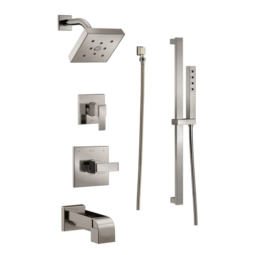 Delta Monitor 14 Series Pressure Balanced Tub and Shower System with Shower Head, Hand Shower, and Slide Bar - Includes Rough-In Valves - Brilliance Stainless
