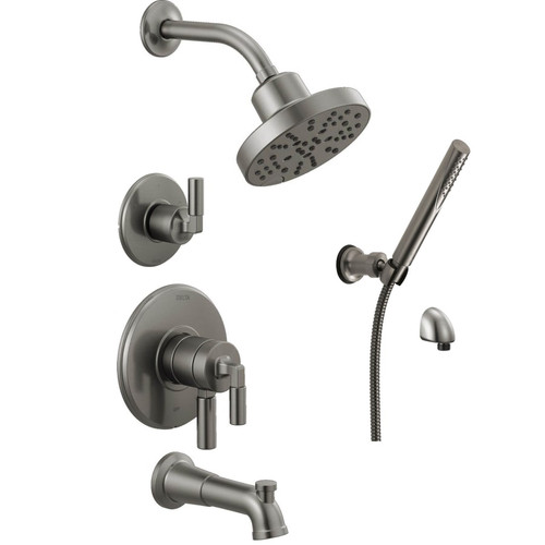 Delta Bowery Monitor 17 Series Pressure Balanced Tub and Shower System with Integrated Volume Control, Shower Head and Hand Shower - Includes Rough-In Valves - Black Stainless