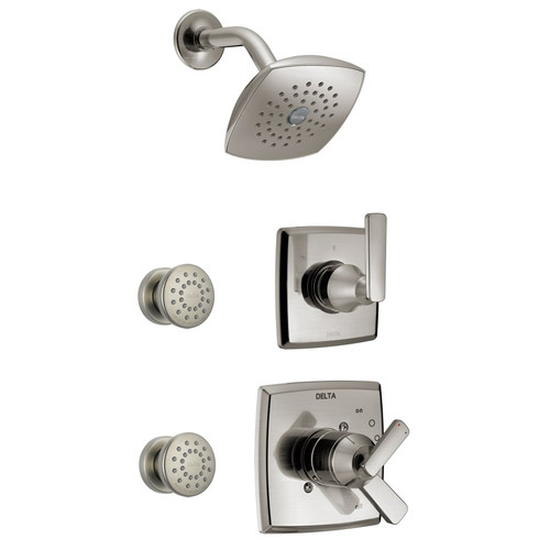 Delta Monitor 17 Series Dual Function Pressure Balanced Shower System with Integrated Volume Control, Shower Head, and 2 Body Sprays and Rough-In Valves -  Brilliance Stainless
