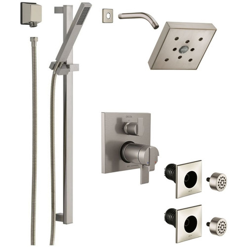 Delta Ara Pressure Balanced Shower System with Shower Head, Shower Arm, Hand Shower, Slide Bar, Bodysprays, Hose, Valve Trim and MultiChoice Rough-In - Brilliance Stainless