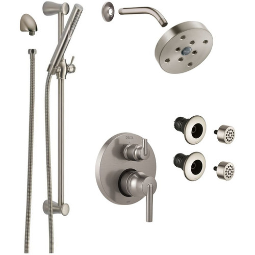 Delta Trinsic Pressure Balanced Shower System with Shower Head, Shower Arm, Hand Shower, Slide Bar, Bodysprays, Hose, Valve Trim and MultiChoice Rough-In - Chrome