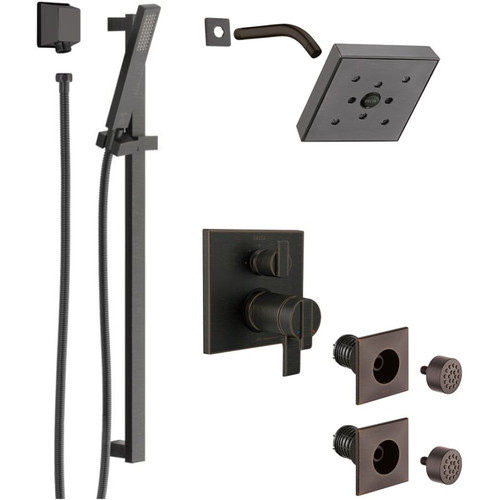 Delta Ara Pressure Balanced Shower System with Shower Head, Shower Arm, Hand Shower, Slide Bar, Bodysprays, Hose, Valve Trim and MultiChoice Rough-In - Venetian Bronze