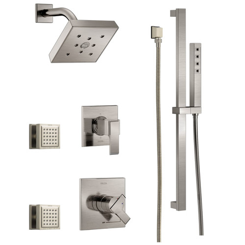 Delta Monitor 17 Series Dual Function Pressure Balanced Shower System with Integrated Volume Control, Shower Head, 2 Body Sprays and Hand Shower - Includes Rough-In Valves - Brilliance Stainless
