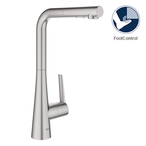 Grohe Zedra Pull-Out Kitchen Faucet and Foot Control Adapter Kit Combo with 2-Function Toggle Sprayer
