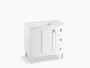 Kohler Poplin®36" bathroom vanity cabinet with legs, 1 door and 3 drawers on right in Linen White