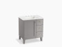 Kohler Poplin®30" bathroom vanity cabinet with legs, 1 door and 3 drawers on right in Mohair Grey