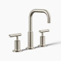 Kohler Purist®Widespread bathroom sink faucet with low lever handles and low gooseneck spout in Vibrant Brushed Nickel