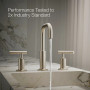 Kohler Purist®Widespread bathroom sink faucet with low lever handles and low gooseneck spout in Vibrant Brushed Nickel