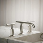 Kohler Purist®Widespread bathroom sink faucet with low lever handles and low spout in Vibrant Polished Nickel