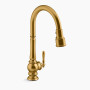 KOHLER Artifacts® Touchless pull-down kitchen sink faucet with KOHLER® Konnect™ and three-function sprayhead 1.5 gpm - Vibrant Brushed Moderne Brass