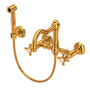 ROHL Acqui Wall Mount Column Spout Bridge Kitchen Faucet With Sidespray - Italian Brass With Cross Handle