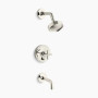 Kohler Purist® Rite-Temp® bath and shower trim kit with push-button diverter and cross handle, 2.5 gpm - Vibrant Polished Nickel