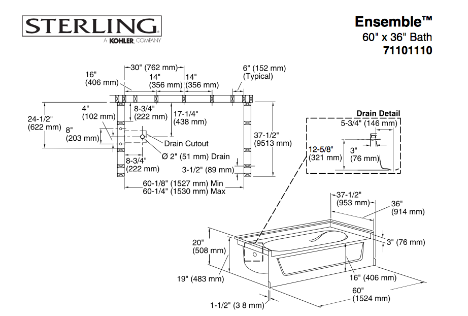Sterling Ensemble™ Series 7110, 60” x 36” Bath, Left Drain