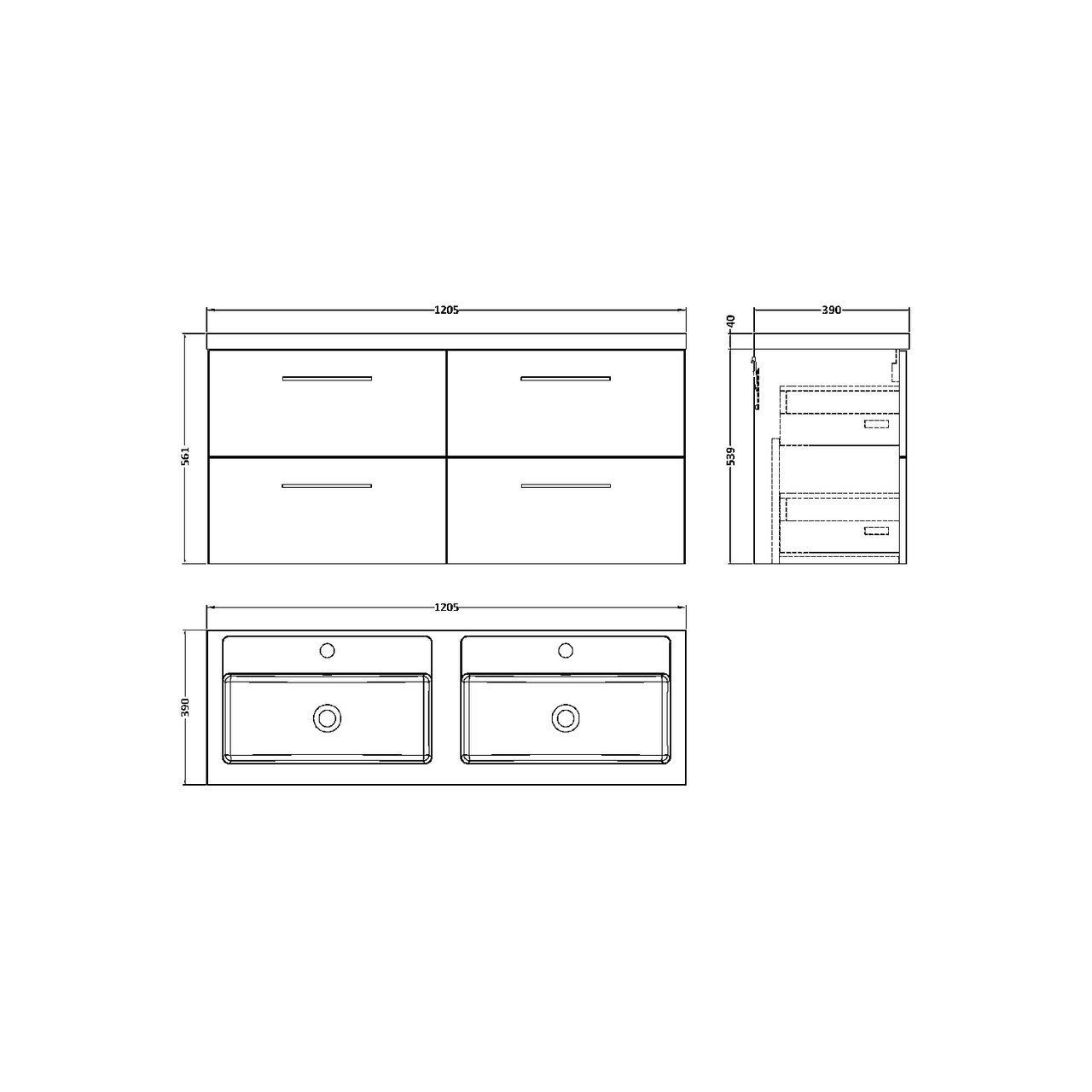 Nuie Arno Gloss White 1200mm Wall Hung 4 Drawer Vanity Unit with Double Basin - ARN124C Dimensions