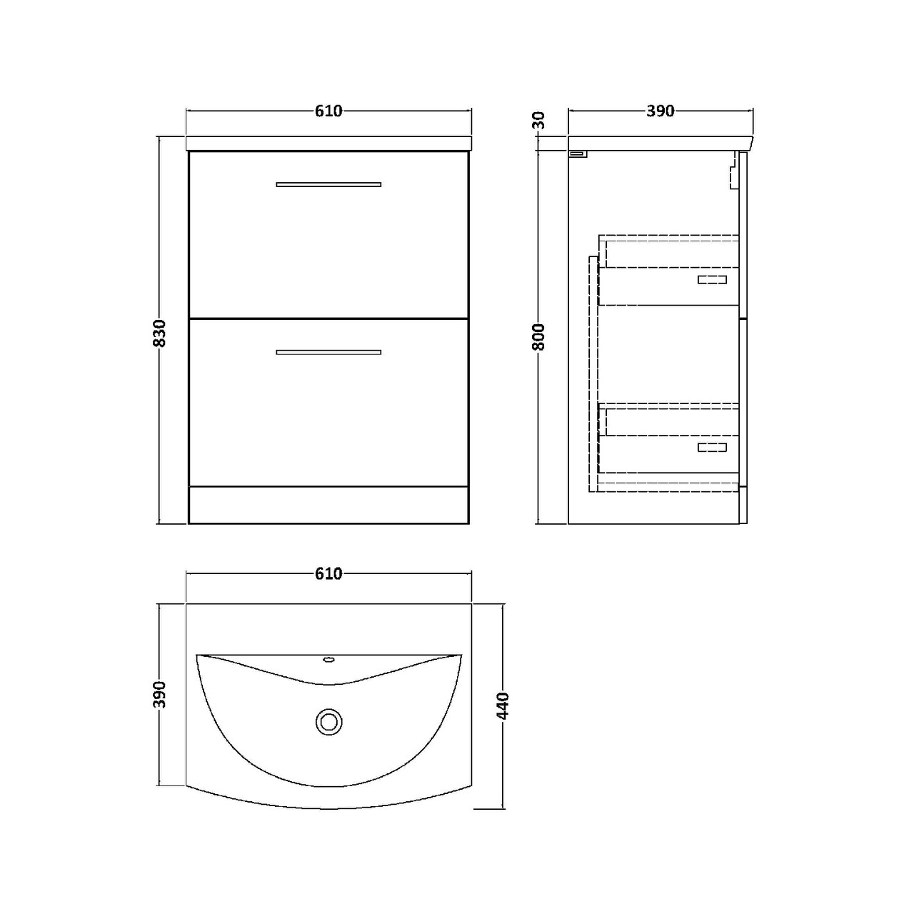 Nuie Arno Anthracite 600mm 2 Drawer Vanity Unit with 30mm Profile Curved Basin - ARN533G Dimensions