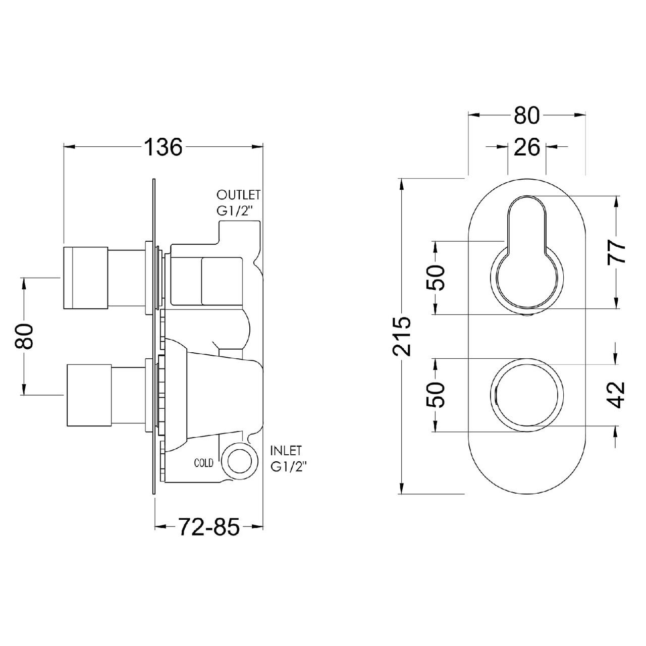 Nuie Arvan Matt Black Twin Concealed Thermostatic Shower Valve - ARV4TW01 Dimensions