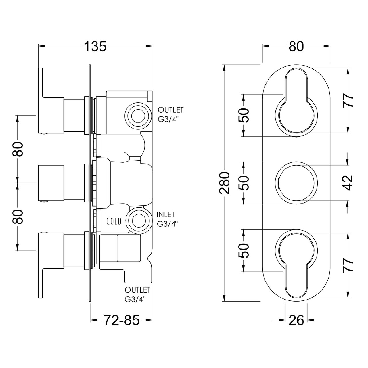 Nuie Arvan Brushed Brass Triple Concealed Thermostatic Shower Valve with Diverter - ARV8TR03 Dimensions