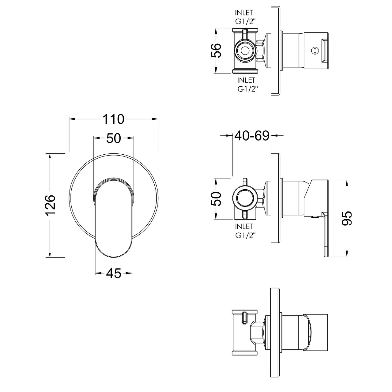 Nuie Binsey Polished Chrome Manual Shower Valve - BINMV10 Dimensions