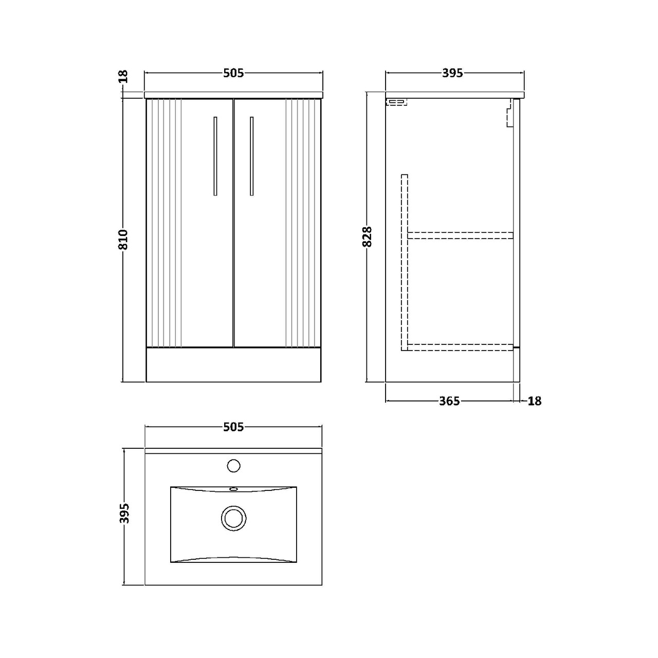 Nuie Deco Satin Grey 500mm 2 Door Vanity Unit with 18mm Profile Basin - DPF223B Dimensions