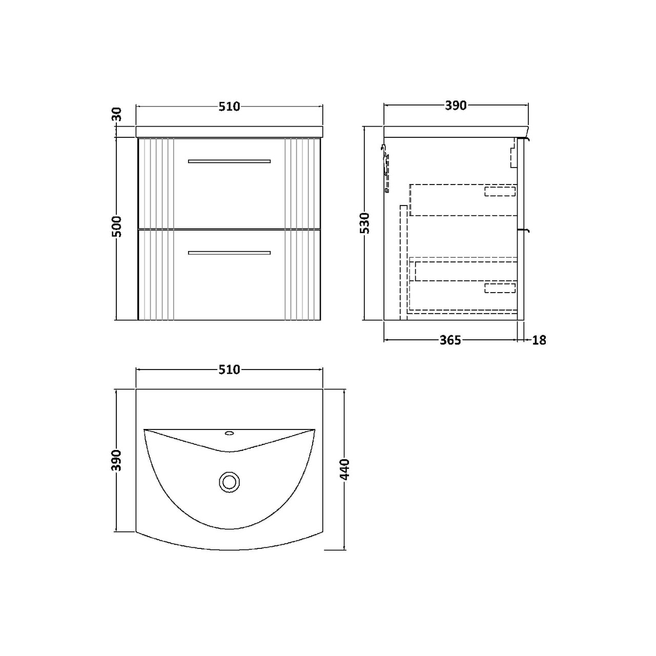 Nuie Deco Satin Blue 500mm Wall Hung 2 Drawer Vanity Unit with 30mm Curved Profile Basin - DPF392G Dimensions