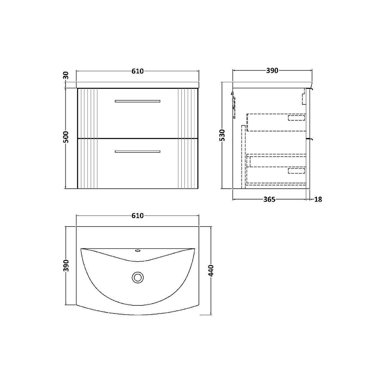 Nuie Deco Satin Blue 600mm Wall Hung 2 Drawer Vanity Unit with 30mm Curved Profile Basin - DPF393G Dimensions