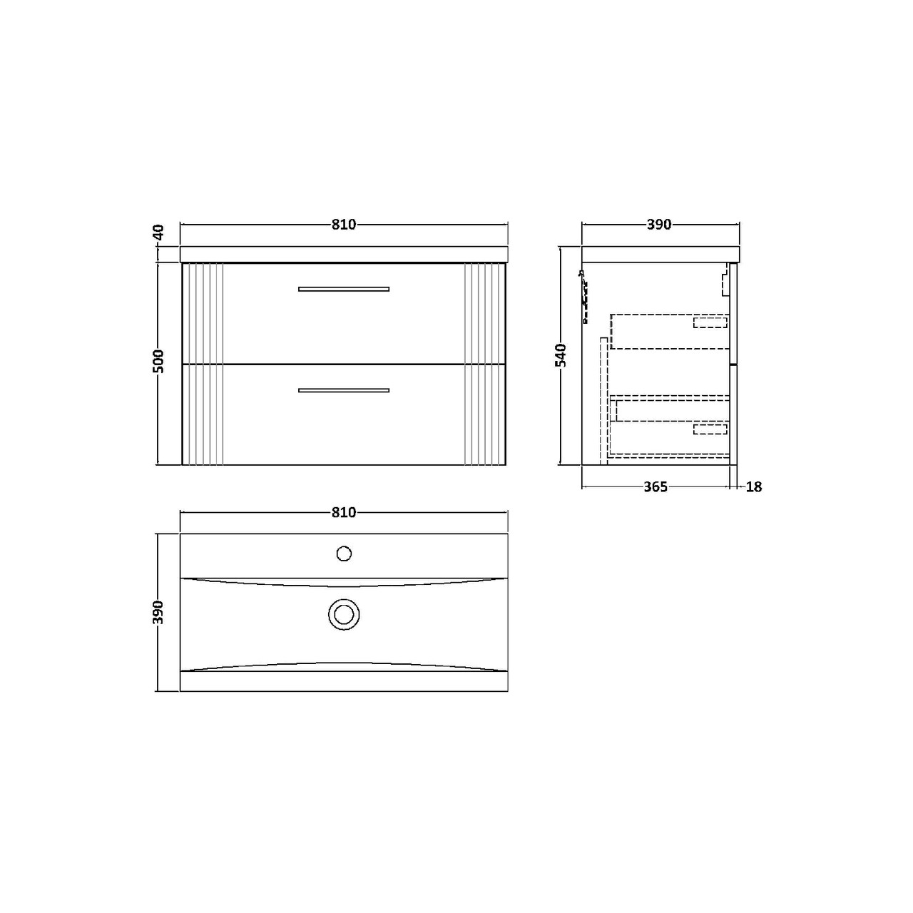 Nuie Deco Satin Blue 800mm Wall Hung 2 Drawer Vanity Unit with 40mm Profile Basin - DPF395A Dimensions