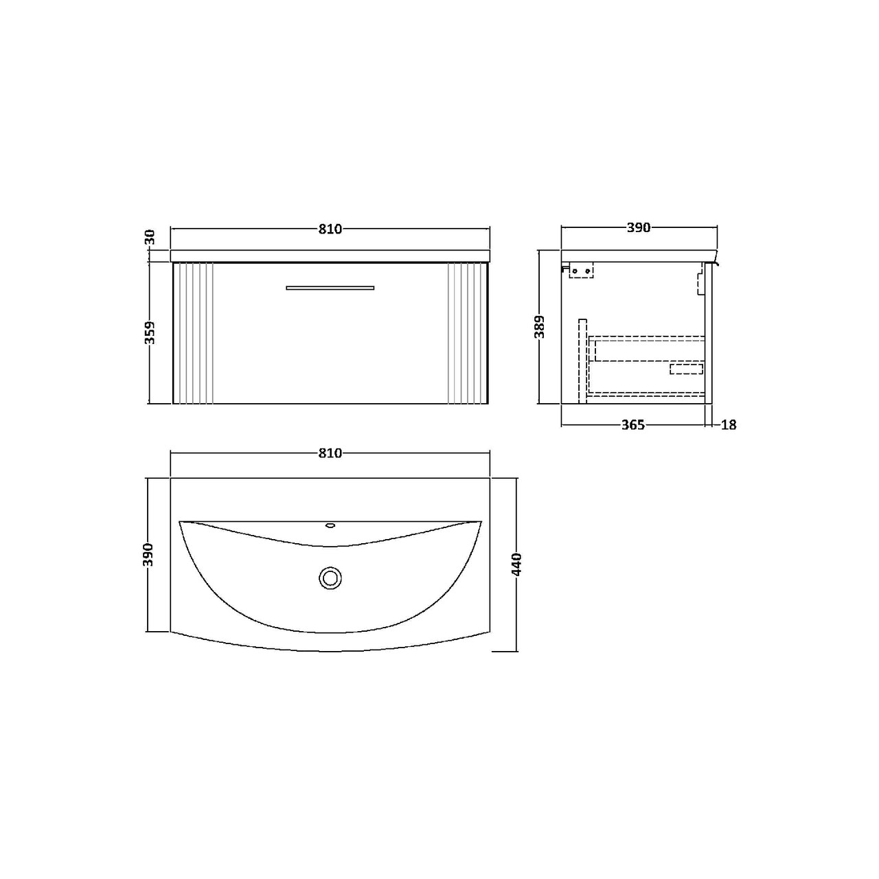Nuie Deco Satin Blue 800mm Wall Hung Single Drawer Vanity Unit with 30mm Curved Profile Basin - DPF396G Dimensions
