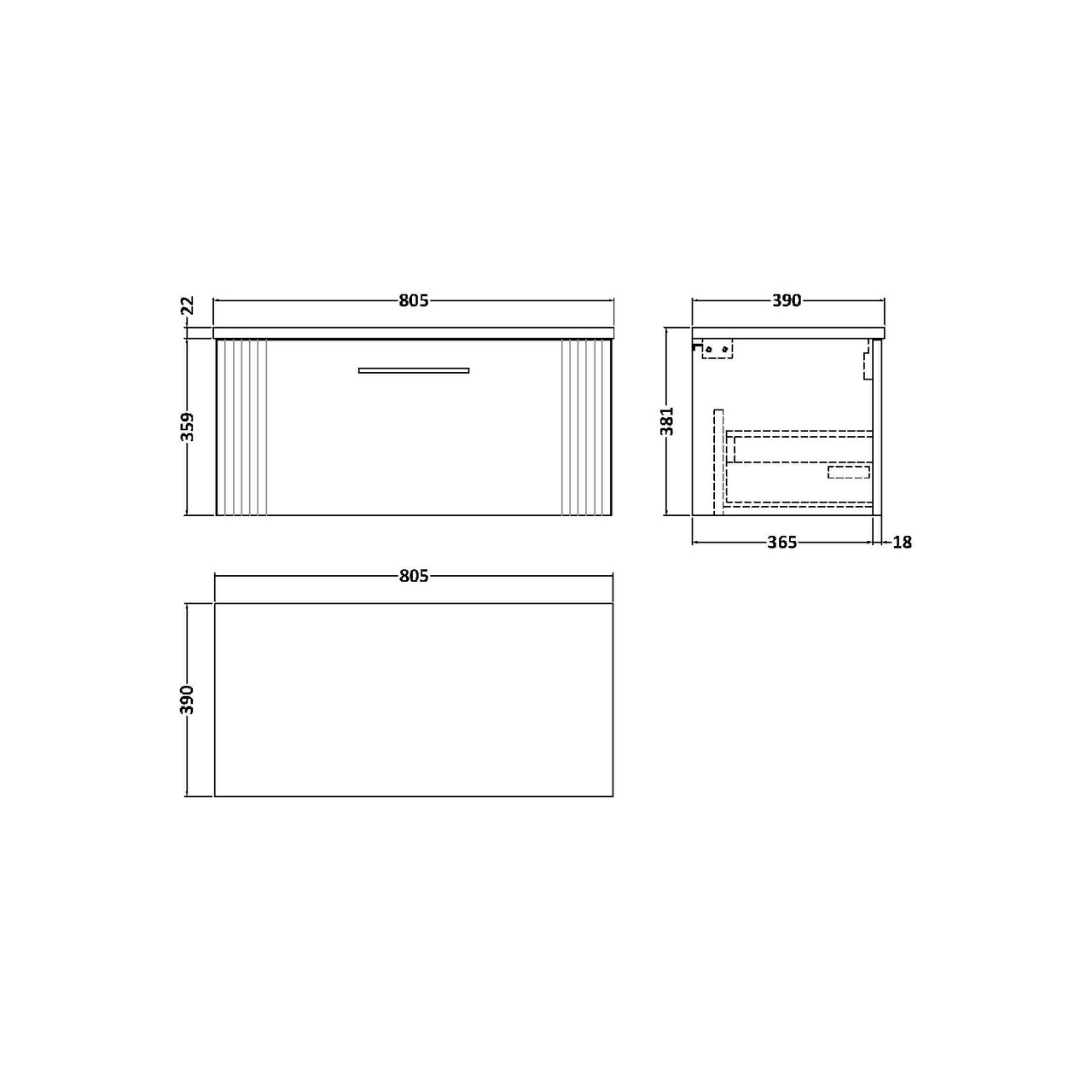 Nuie Deco Satin Green 800mm Wall Hung Single Drawer Vanity Unit with Bellato Grey Laminate Worktop - DPF896LBG Dimensions