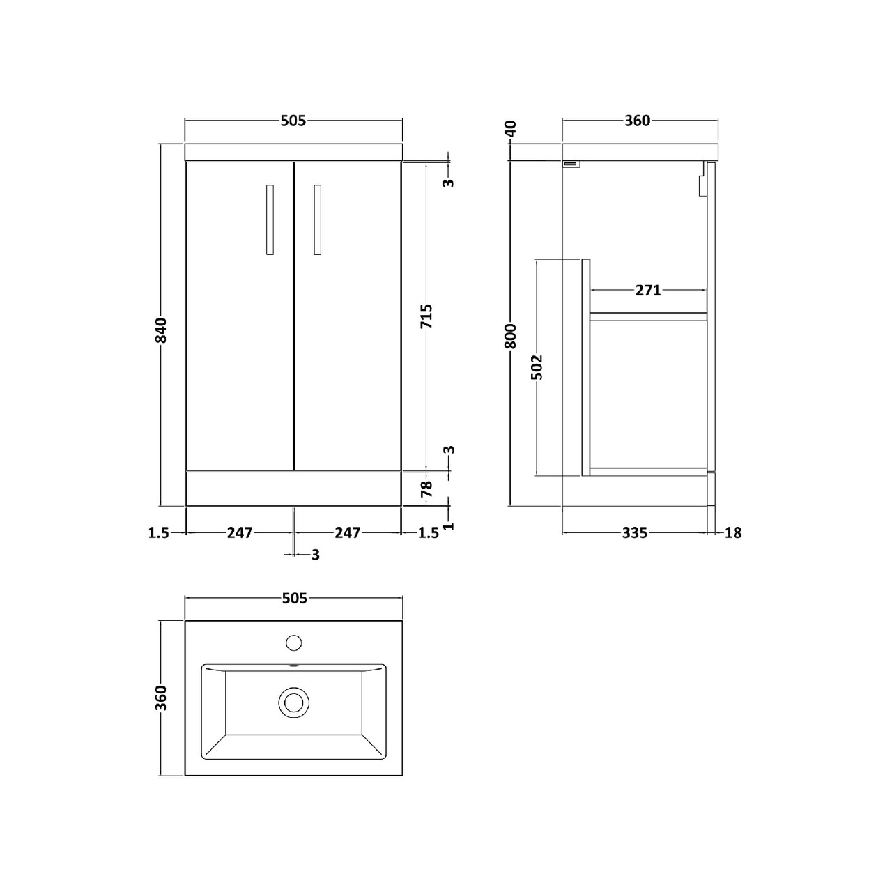 Nuie Arno Compact Solace Oak 500mm 2 Door Wall Hung Vanity Unit and Ceramic Basin - PAL122E Dimensions