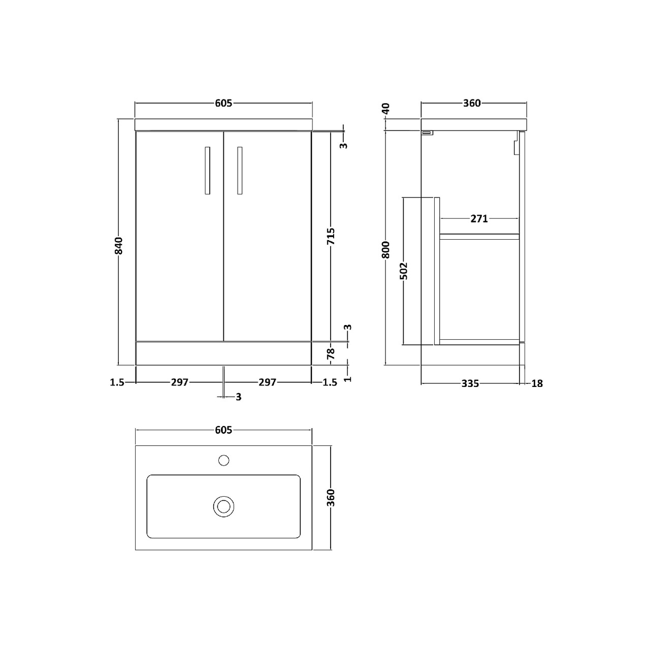 Nuie Arno Compact Solace Oak 600mm 2 Door Wall Hung Vanity Unit and Polymarble Basin - PAL123 Dimensions