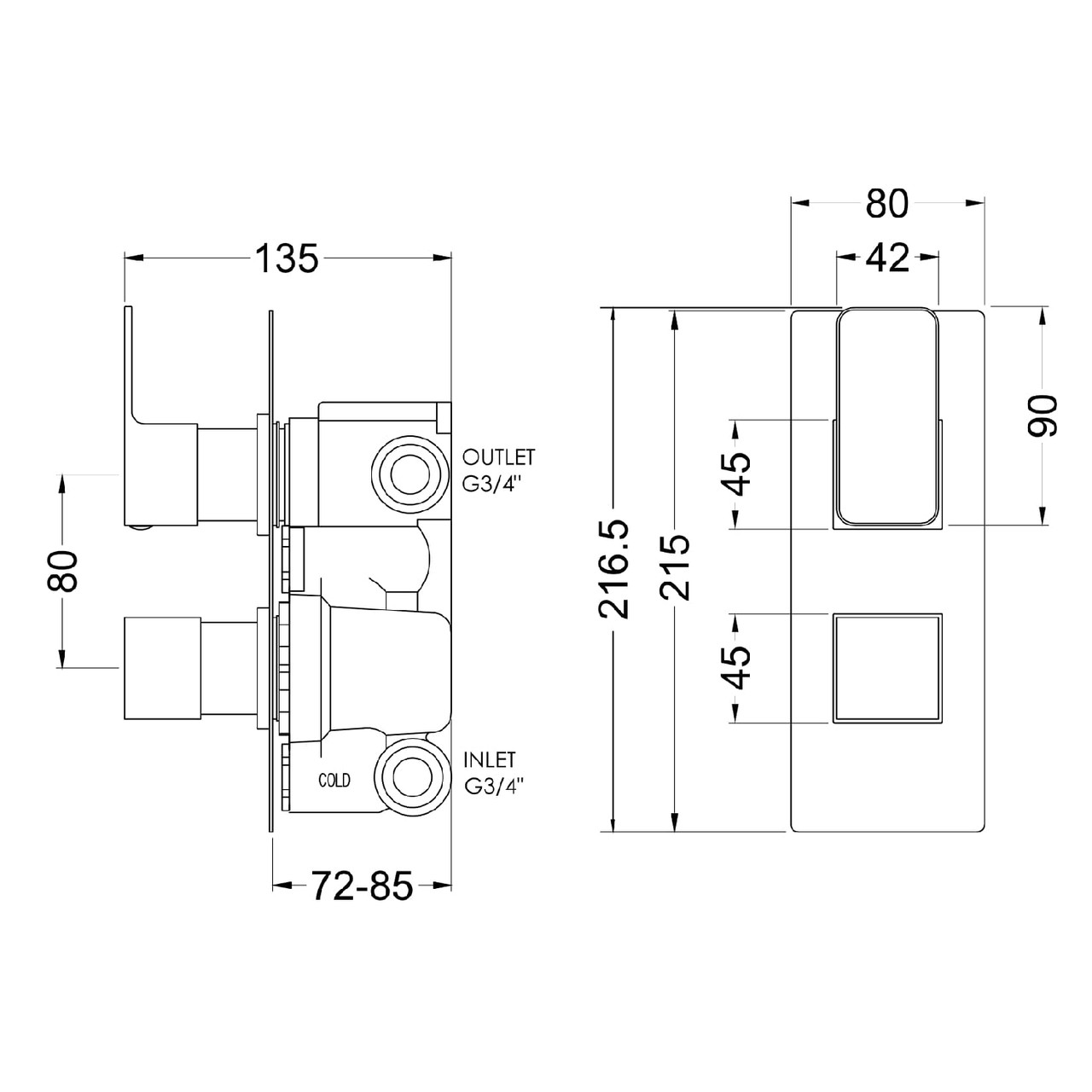 Nuie Windon Matt Black Twin Concealed Thermostatic Shower Valve with Diverter - WIN4TW02 Dimensions