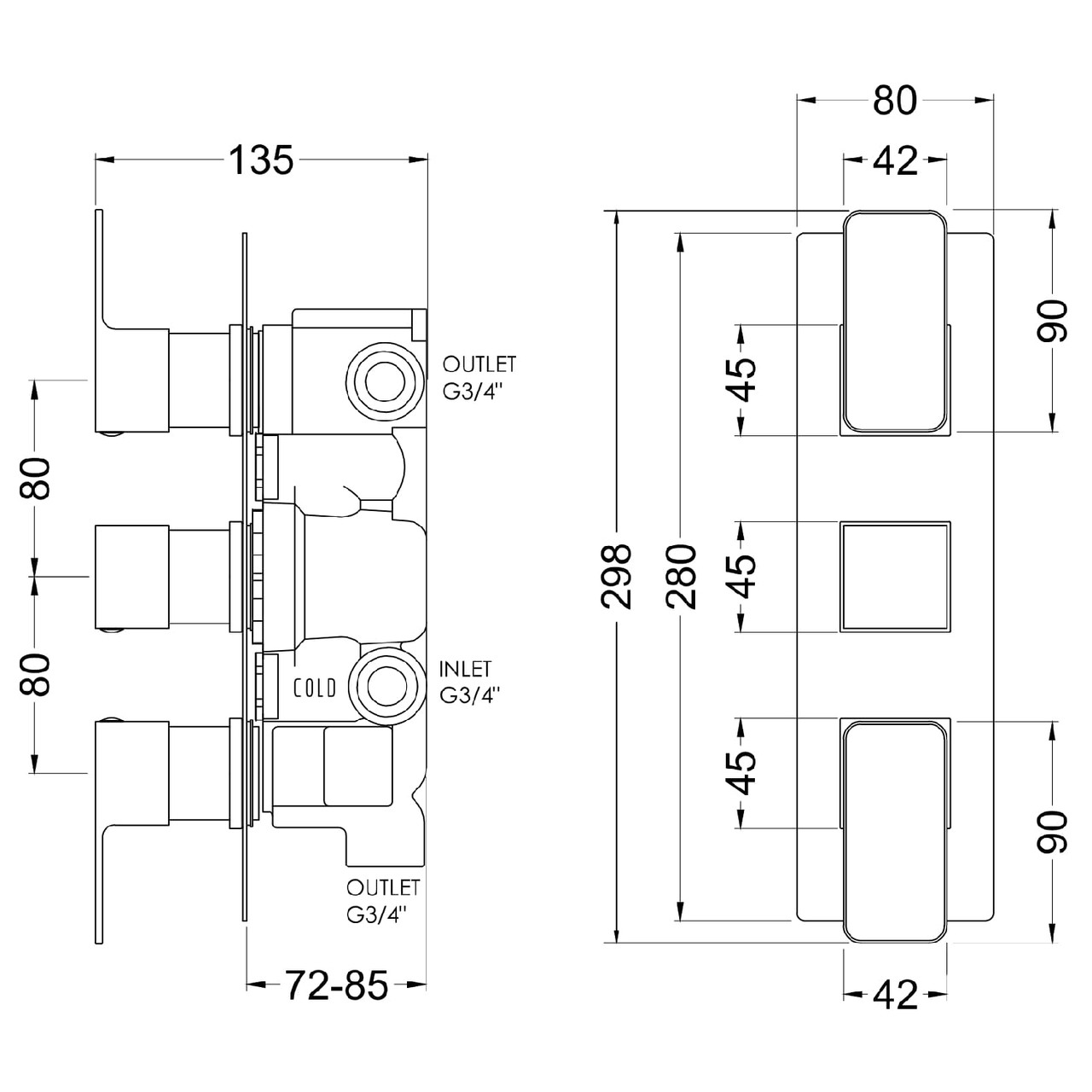 Nuie Windon Brushed Brass Triple Concealed Thermostatic Shower Valve with Diverter - WIN8TR03 Dimensions