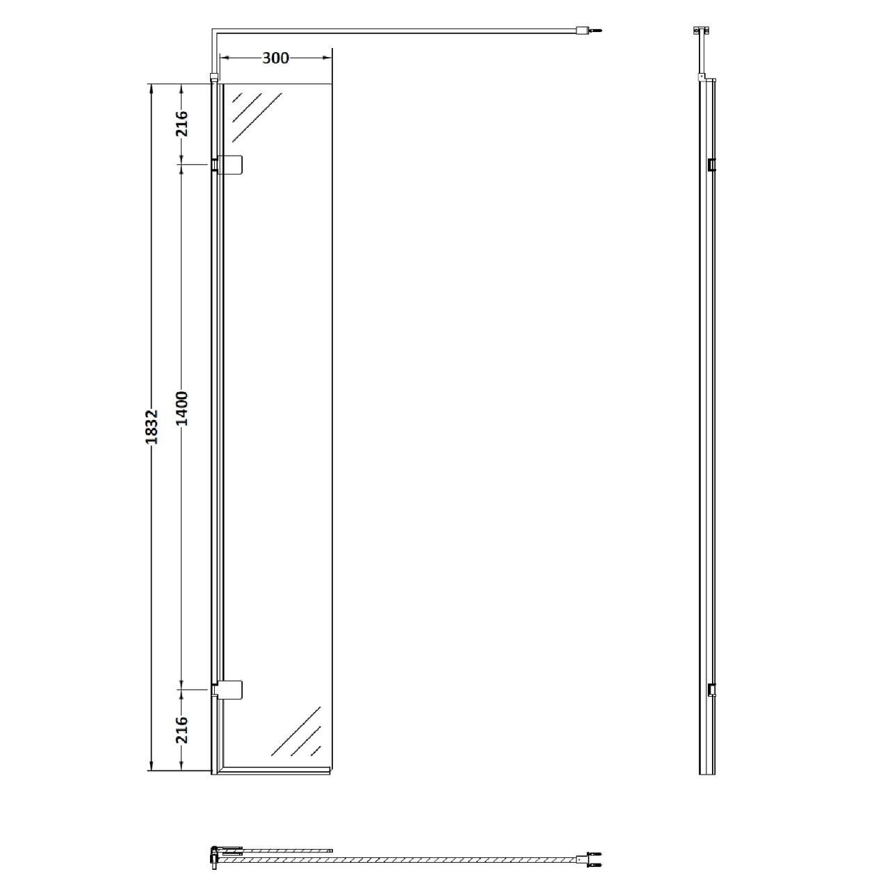 Nuie 300mm x 1850mm Wetroom Hinged Return Screen with Matt Black Fittings - WRSBP030H Dimensions