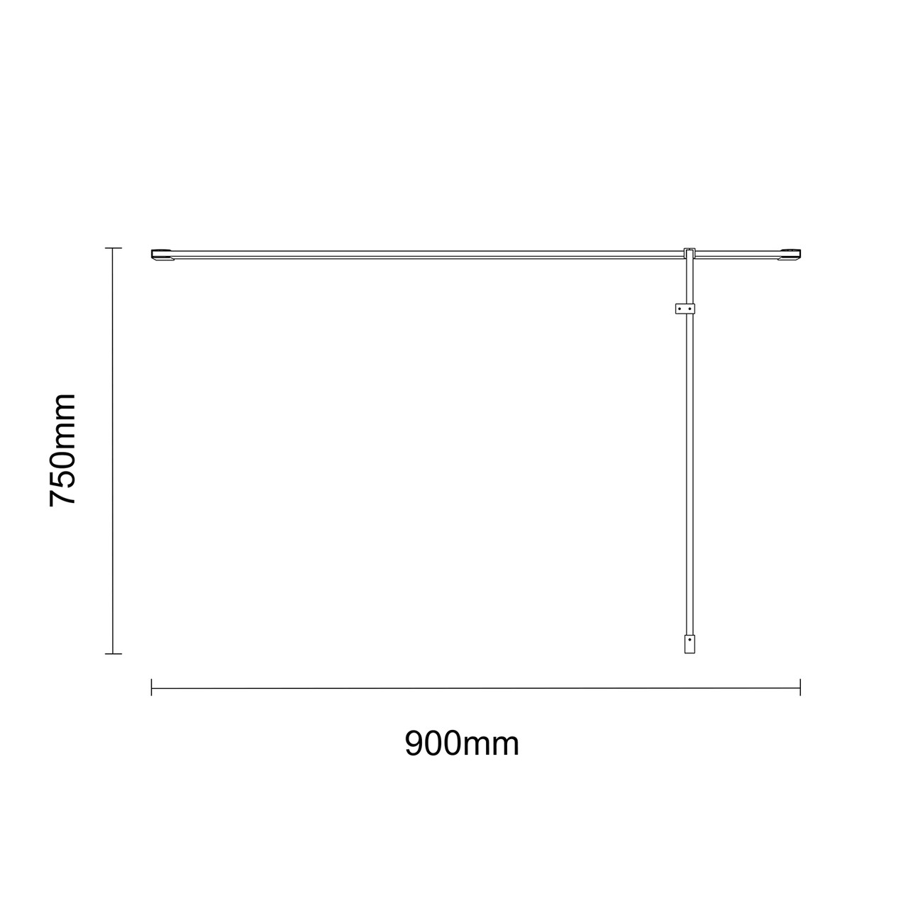 Colore Matt Black 2000mm x 900mm 10mm Walk In Clear Glass Shower Screen including Wall Channel with End Profile and Support Bar Dimensions