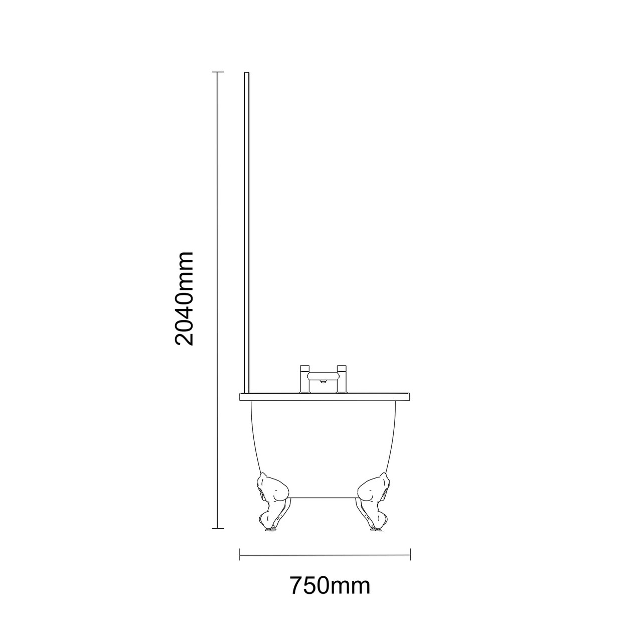 Oxford 1700mm x 750mm Left Hand Single Ended Freestanding Shower Bath with Bath Screen and Matt Black Claw Feet Dimensions